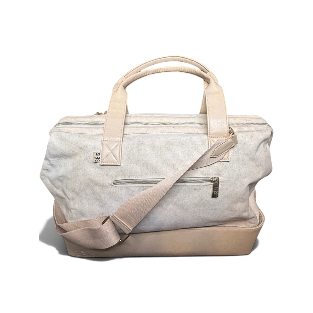 BEIS Convertible Weekender Bag Beige Canvas Travel Tote Bottom Compartment